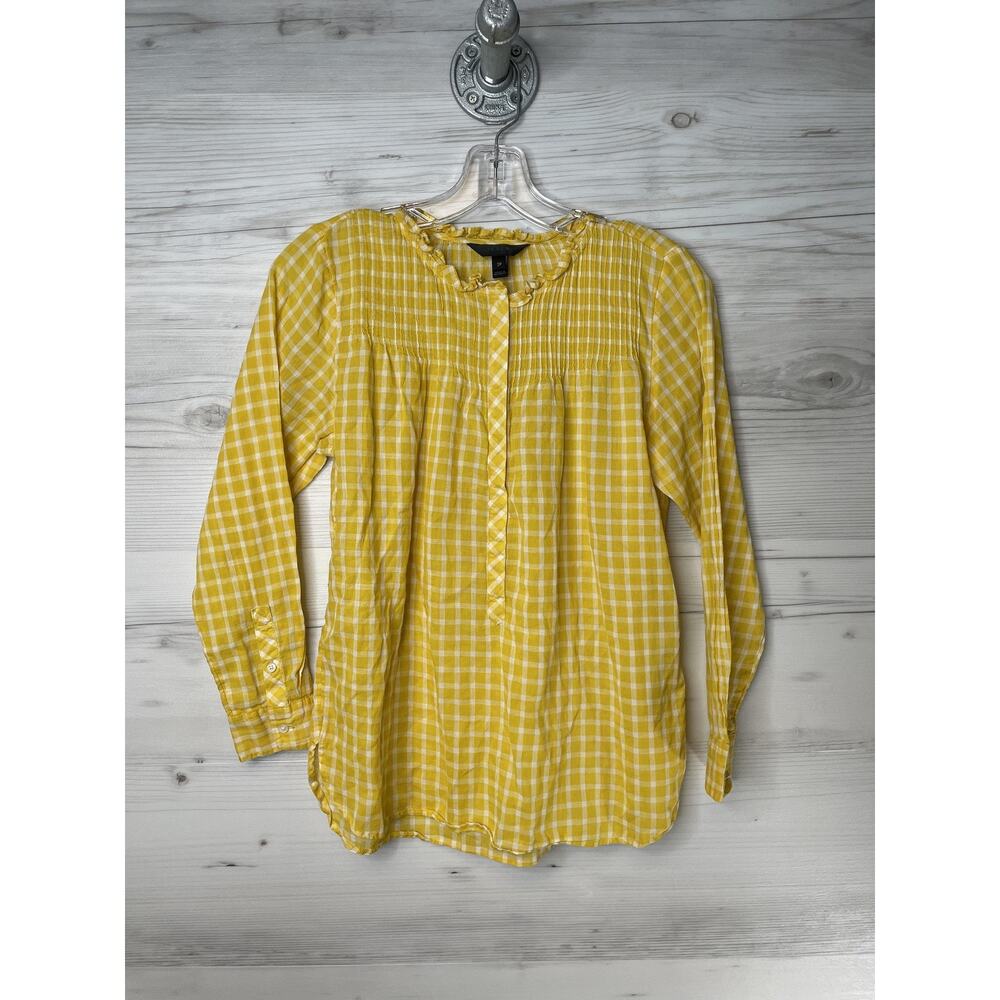 J Crew Womens 2P Yellow White Gingham Plaid Ruffle Neck Blouse G9924 Cotton